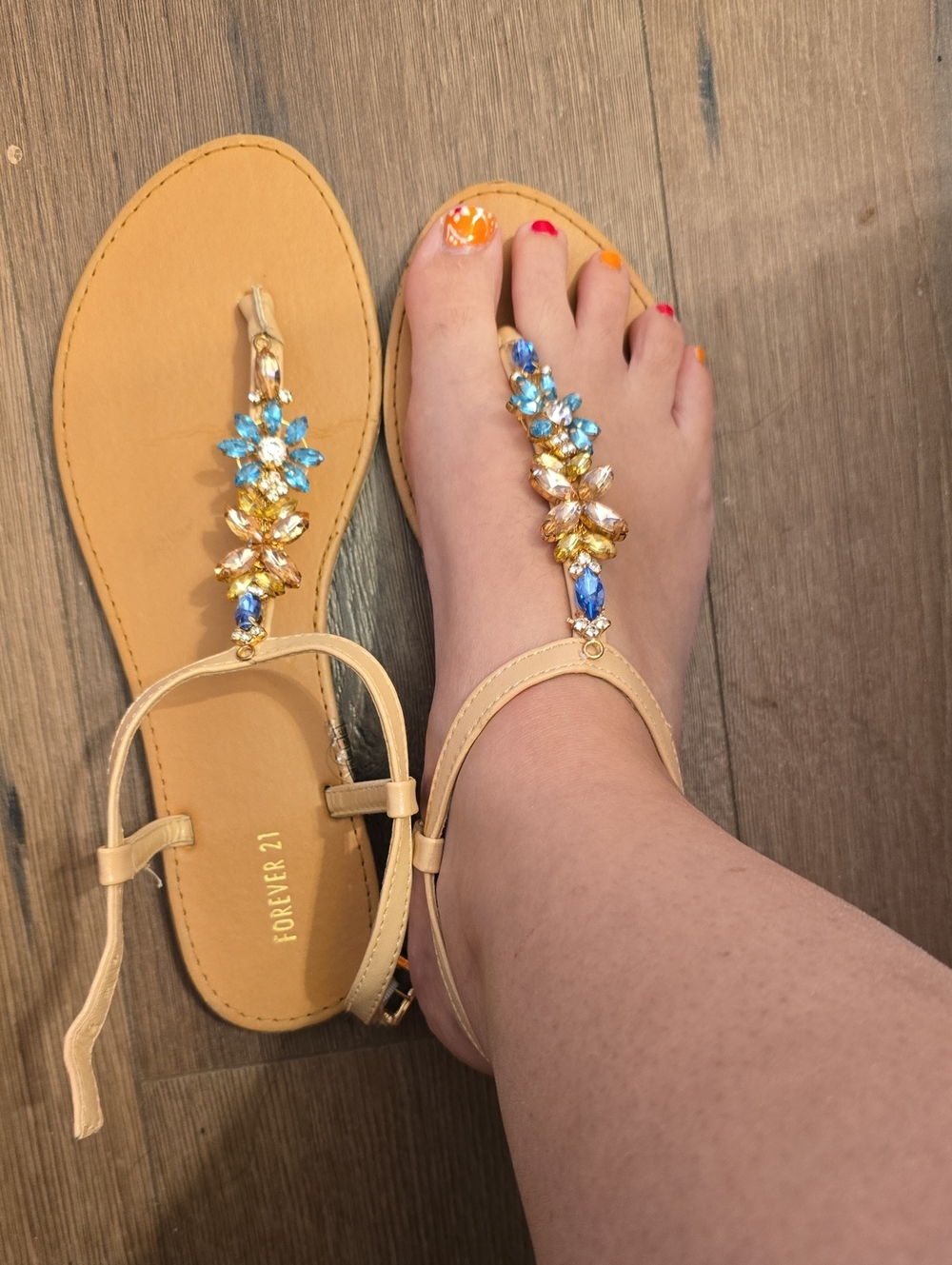 Forever 21 Beige Jeweled T-Strap Sandals with Blue & Gold Gems